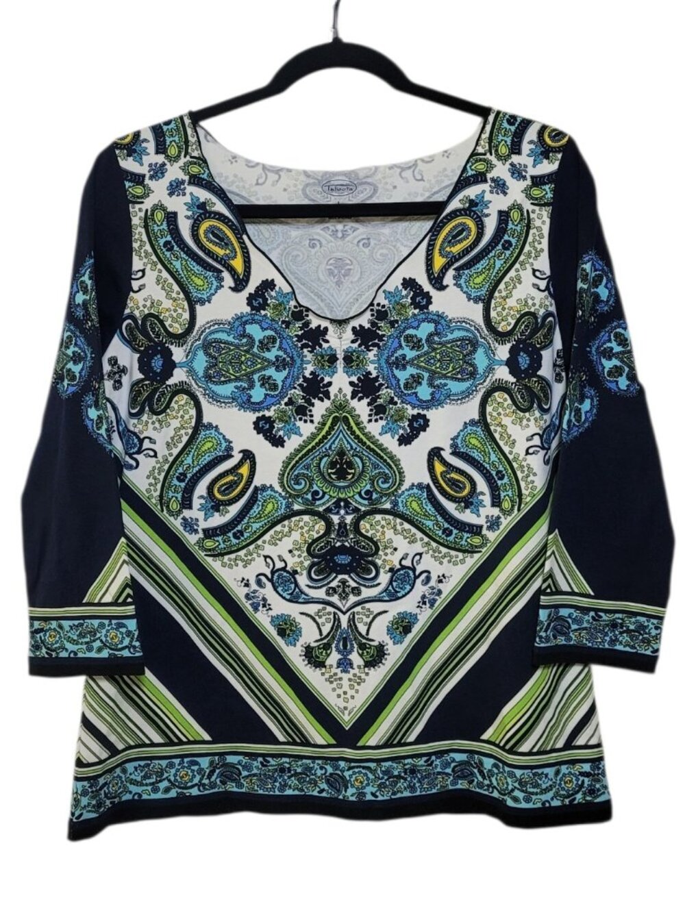 Talbots Paisley Geometric V Neck Top Blouse Womens Large 3/4 Sleeves Boho Chic